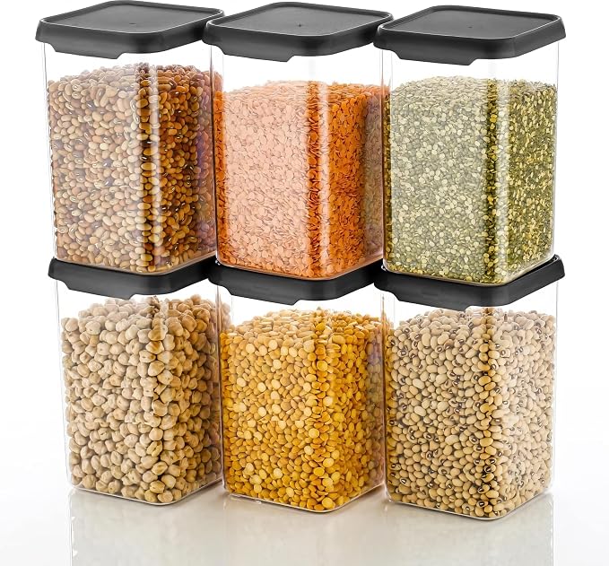 Air Tight Containers Storage Set For Kitchen, Storage Box and Organiser (Pack Of 6, Black, 1200 ml, Plastic)