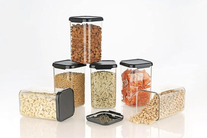 Air Tight Containers Storage Set For Kitchen, Storage Box and Organiser (Pack Of 6, Black, 1200 ml, Plastic)